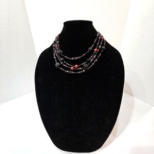 Vintage Black Metal 4 Strand Molded Flower Black Bead Red Bead Avon Necklace EUC